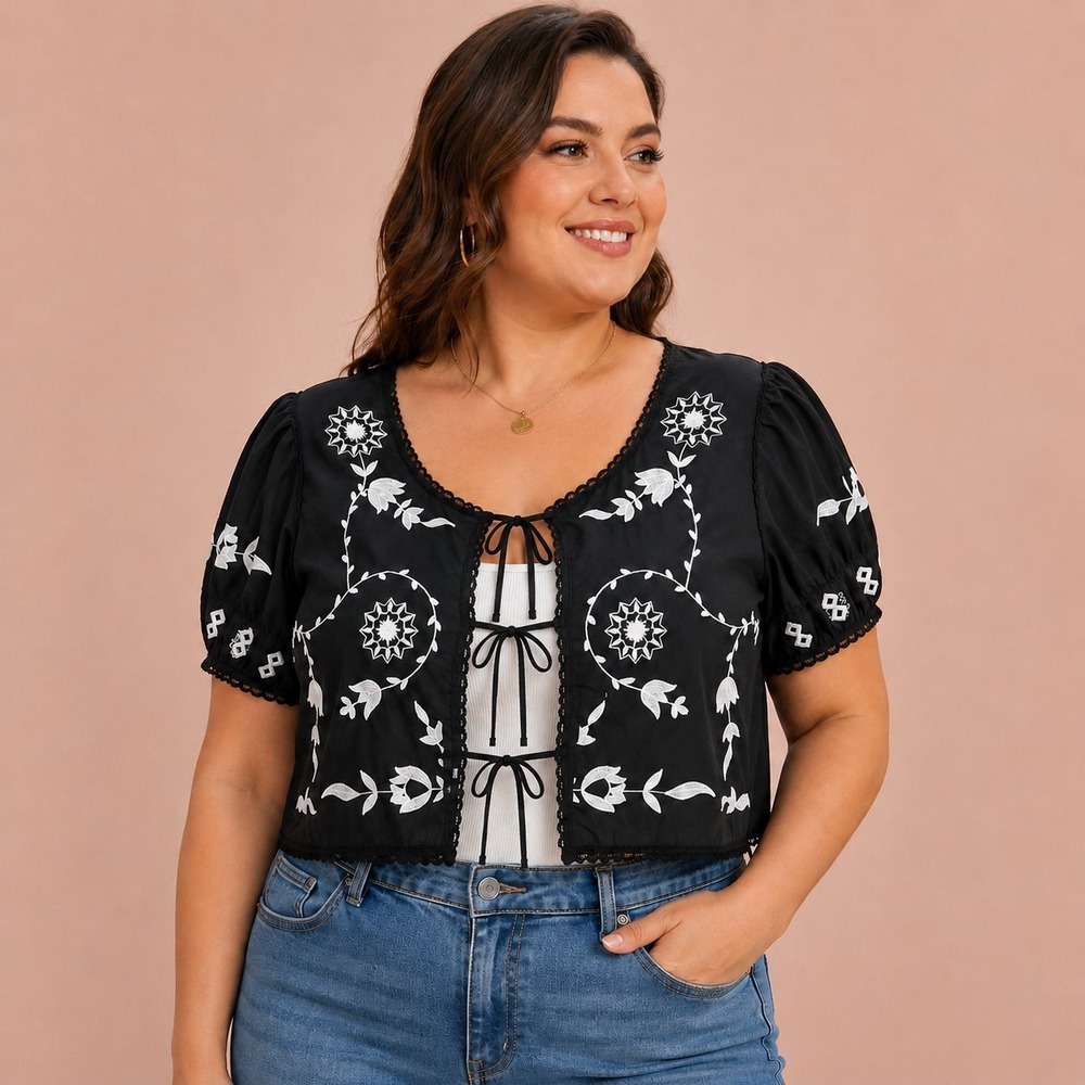 Jennifer & Grace Black Tie Front Crop Top Jacket Women's Large Artsy Coquette